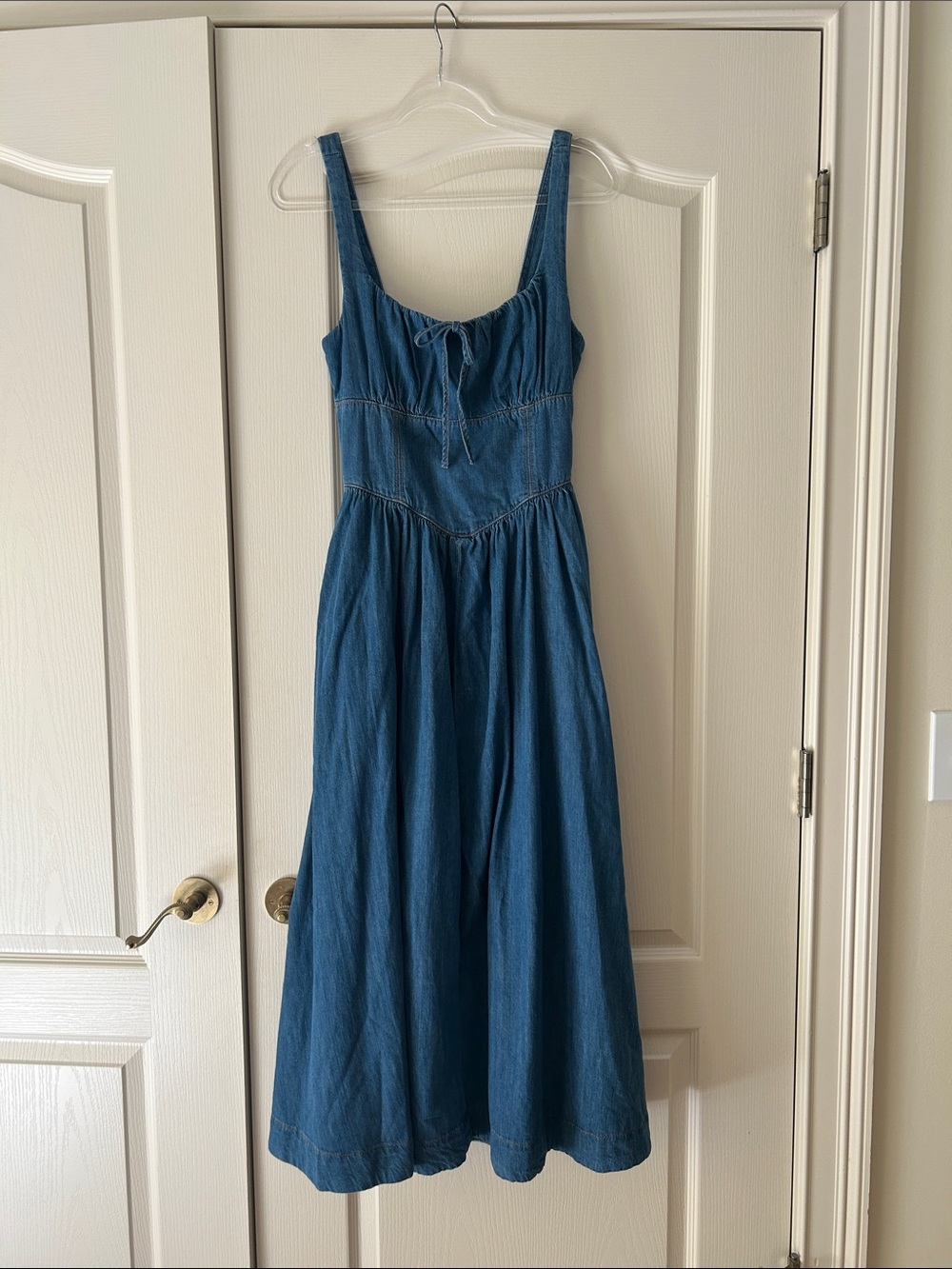 Reformation Blue Denim Maxi Dress with Tie-Front Bodice